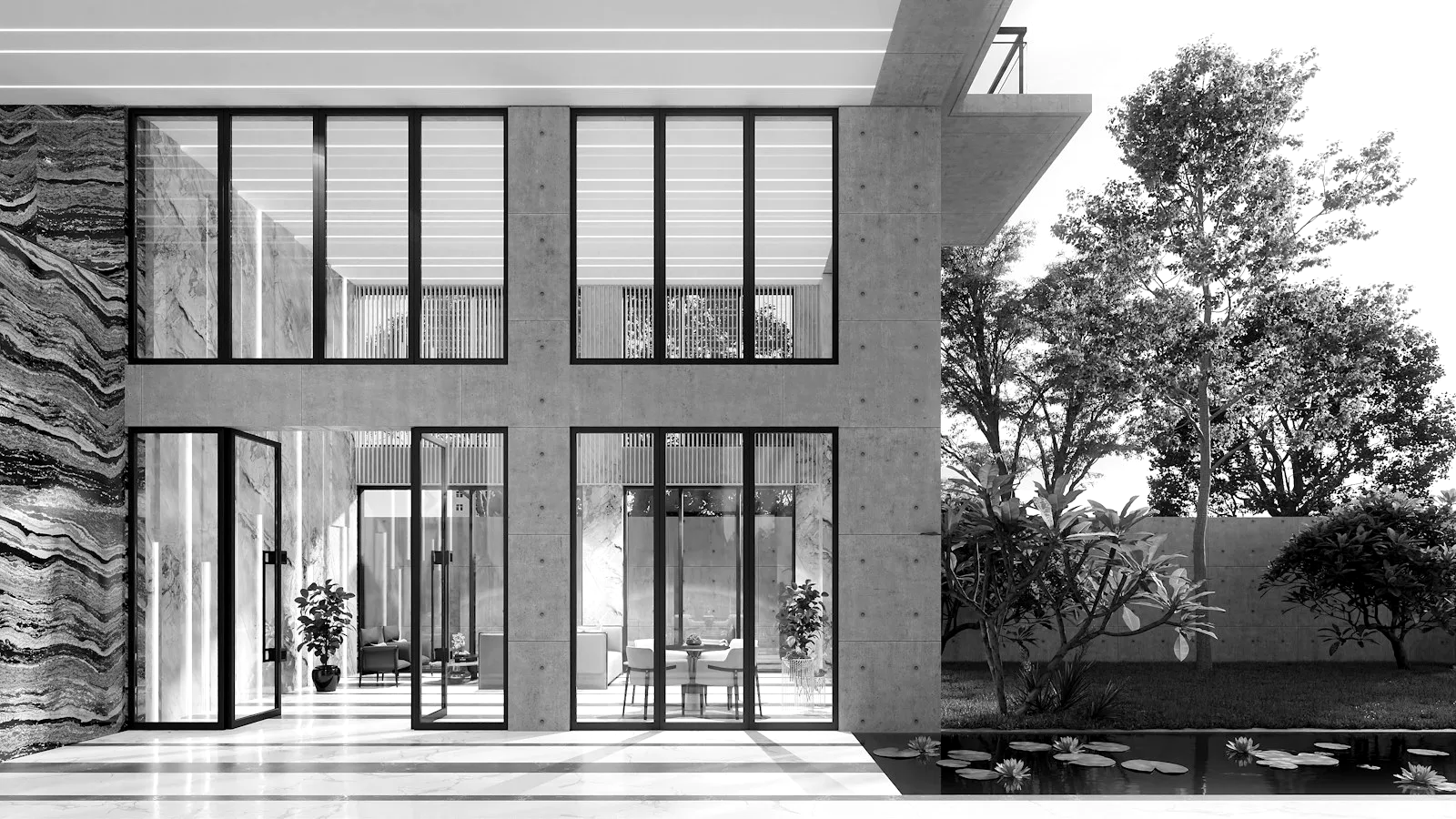 Modern concrete home with floor to ceiling windows in greyscale